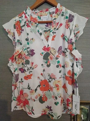Liz Claiborne Women Top White Floral Print Polyester Flutter Sleeve Blouse Sz M - Image 1 of 4