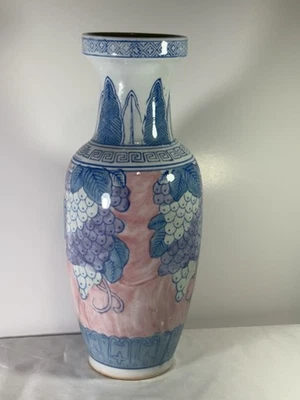 Jarrón chinoiserie azul porcelana asiática vintage diseño floral rosa uva Foto 1 de 4