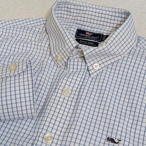 Boys large Blue Gingham Check Vineyard Vines Performance Nylon Button Down - Picture 1 of 8