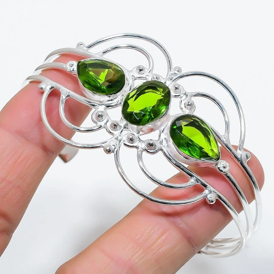 Green Peridot Gemstone 925 Sterling Silver Jewelry Adjustable Cuff Bracelet - Image 1 of 1