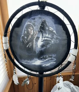 Indianer Leinwand Traumvater mit Indianermädchen und Wolf 12 Zoll rund - Bild 1 von 2