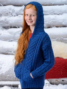 Aran Crafts 100% Merino Wool Kids Hooded Knit Cardigan Zip Sweater with Pockets - Picture 1 of 9