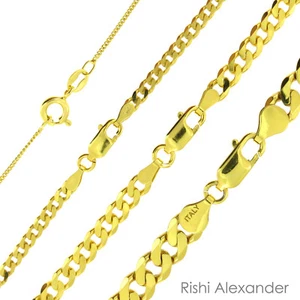 925 Sterling Silver Gold-Plated Curb Cuban Mens Women Chain Necklace All Sizes - Picture 1 of 5