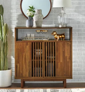 Sideboard Pecan Solid Server Top Doors Mid Century Acacia Veneer Stained Finish - Picture 1 of 2