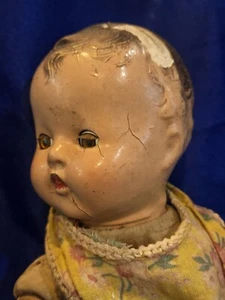 Vintage Spooky Baby Doll Composition Cracked Head Halloween Prop - Picture 1 of 6