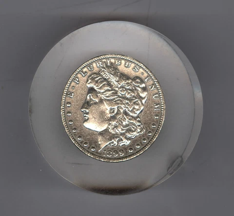 1899-O Morgan Silver Dollar Lucite Paperweight Cover