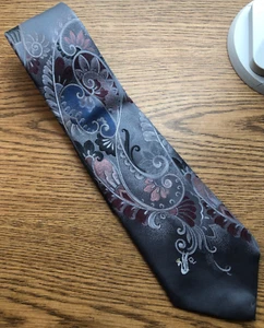 Vintage Gray floral Tie w Swan Logo 4” x 55”  Designer DON LOPER, USA - Picture 1 of 2