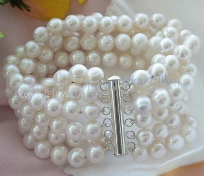 6 Rows 6-7mm Natural White Freshwater Baroque Pearl Beads Bangle Bracelet 8 inch - Image 1 of 4