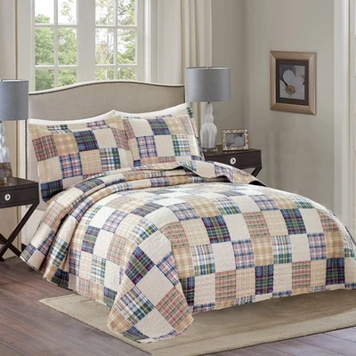 Ycosy Beige Plaid Quilt Set Full/Queen Size Patchwork Quilts Bedding Plaid Re... - Image 1 of 4