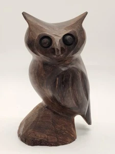 Vintage Hand Carved Iron Wood 5.25" Owl Statue Intense Eyes MCM - Picture 1 of 13