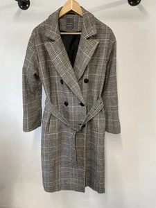 Primark Size 10 Grey Mix Check Midi Trench Overcoat Buckle Belt Z884 - Picture 1 of 15