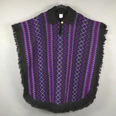 Poncho JFR Textiles Mujer Talla Única Negro Púrpura Cuello Flecos Zigzag Mexicano Foto 1 de 4