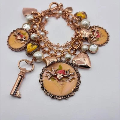 Betsey Johnson Think of  Me Bracelet Key Heart Charm Faux Pearl Chain - Image 1 of 4