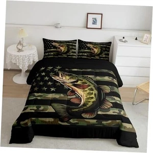 Bass Fish Pattern Comforter Set Size Camouflage Bedding Queen American Fishing - Picture 1 of 7