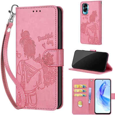 For Various Phone Leather Wallet Case Flip Stand Embossing Girl Card Cover Back - Image 1 of 4