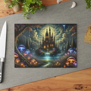 Mystical Castle Glass Cutting Board - Glowing Mushrooms & Waterfalls Fantasy Art - Picture 1 of 13