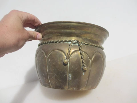 Vintage Brass Trough Tub Planter Plant Pot Old Antique Rope Drapes Tassels 9.5"W Cover