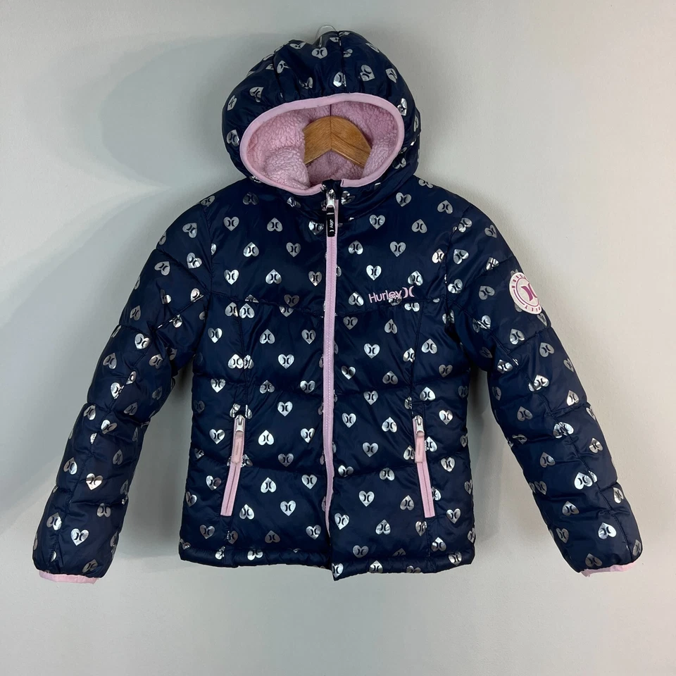 Hurley Puffer Jacket Girls S 8 10 Heart Navy Silver Fleece Lined Hooded Full Zip - Image 1 of 4