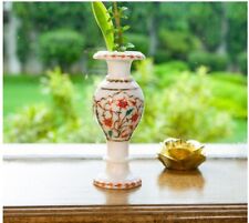 12" white Marble Flower Vase Pot Mosaic inlay malachite antique home decor Gift