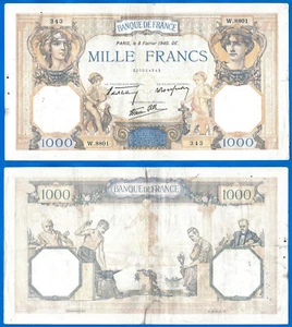 France 1000 Francs 1940 Ceres & Mercure Serie W Europe King Size Free Ship Wrld - Picture 1 of 3