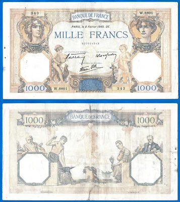 France 1000 Francs 1940 Ceres & Mercure Serie W Europe King Size Free Ship Wrld - Image 1 of 3