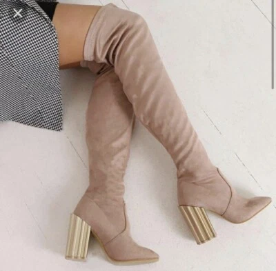 Public Desire Gold Ridged Block Heel Over The Knee Nude Faux Suede Boots US 8 - Image 1 of 4