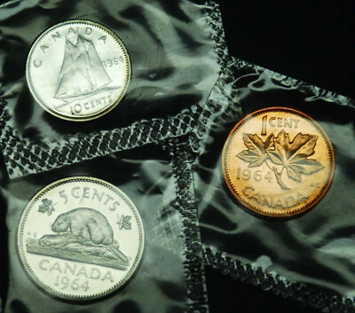 1964 10¢ prata à prova como, 5¢, 1¢ moeda do conjunto em celofane em perfeito estado BU - Imagem 1 de 2