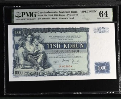 1934 Czechoslovakia NATIONAL BANK 1000 Korun Specimen PMG 64  P# 26S - Image 1 of 4