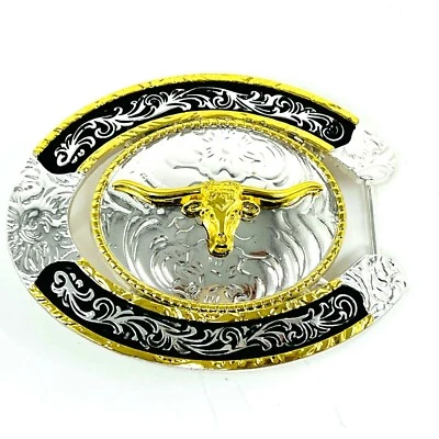 Hebilla de cinturón grande cuerno largo cabeza de toro en oro 4x3 pulgadas Foto 1 de 4