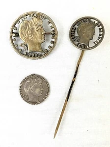 3 ausgeschnittene US Barber Silber Exonumia Pins 1909 Quarter 1892 1908 Groschen ~ T131A - Bild 1 von 6