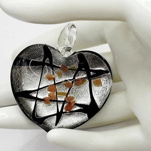 Artisan Modern Art Glass Heart Pendant Silver Black Gold Color Foiled Glitter - Picture 1 of 20
