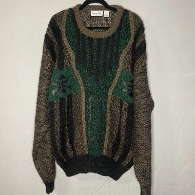 Vintage MENS 2XL Career Club Leather Applique Knit  Pullover Sweater Brown Green - Image 1 of 4
