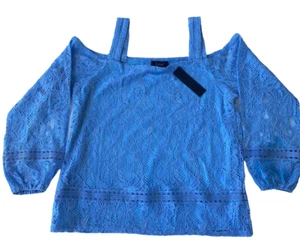 Blusa top Belldini spalle fredde pizzo piccola foderata blu chiaro donna media nuova con etichetta - Foto 1 di 4