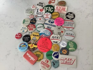 Big Lot 1960s - 80s Vintage Mixed Buttons Pins Pinbacks Ads AVON Wrangler - Picture 1 of 5
