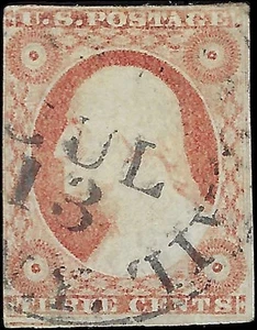 c1851 - Scott # 10A 3c Imperf Washington - gebraucht - Bild 1 von 2