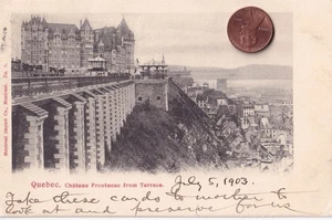 CANADA QUEBEC CHATEAU FRONTENAC FROM TERRACE 1903 POSTCARD RARE STAMP POSTMARK - Picture 1 of 2
