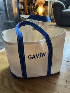 Vintage 90’s LL Bean Boat And Tote Bag White Blue Canvas USA Made Large "GAVIN" - Picture 1 of 14