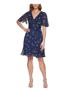 DKNY Womens Navy Lined Flutter Sleeve Knee Length Faux Wrap Dress 2 - Picture 1 of 11