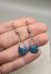 Orecchini pendenti vintage argento sterling turchese schiacciato marcati 925 - Foto 1 di 10