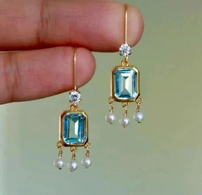 2Ct Emerald Lab-Created Aquamarine Drop & Dangle Earrings 14K Yellow Gold Plated - Image 1 of 4