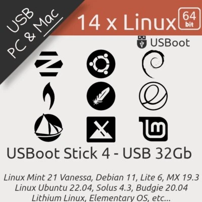 CLÉ USB LINUX x 14: UBUNTU, MINT, LITE, SOLUS BOOTABLE DRIVE LIVE & INSTALL 32GB - Photo 1/4