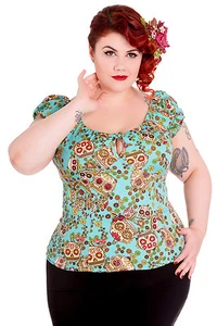 Hell Bunny Green Turquoise Floral Sugar Skull Love Top 8-22 Plus Size Tattoo - Picture 1 of 5