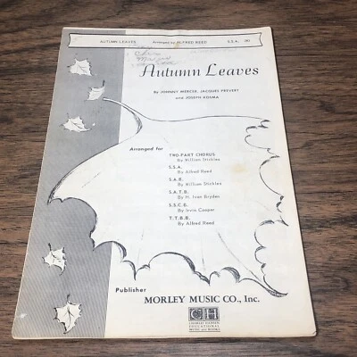 Rare 1955 Vintage AUTUMN LEAVES by Joseph Kosma Song Two Part Chorus Music Sheet - Image 1 of 4
