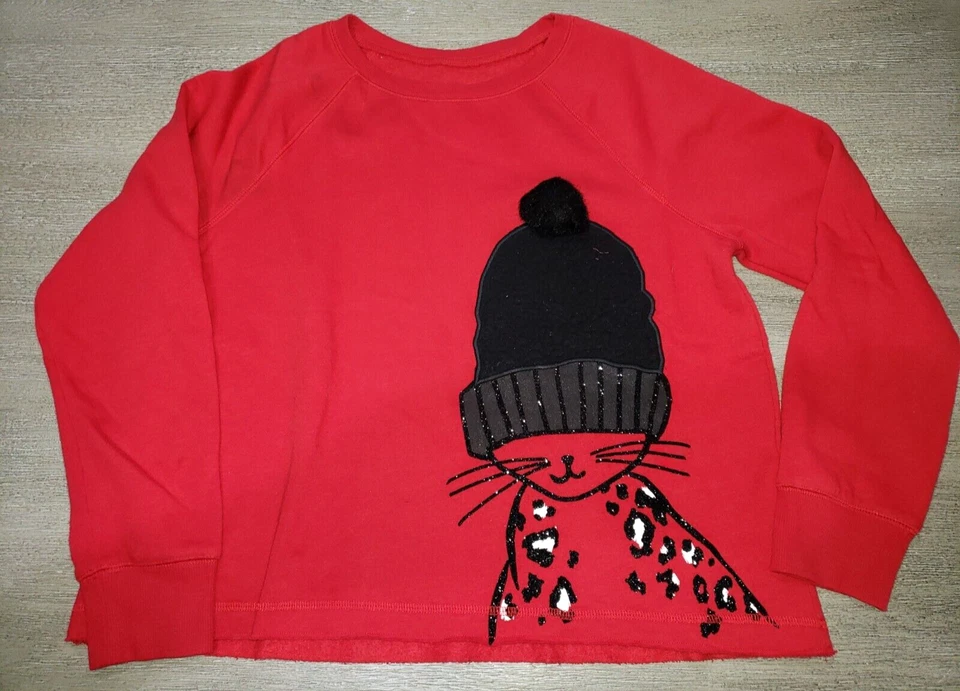 girls JUSTICE red SWEATSHIRT black cat GLISTENS! 18/20 TOP school wear - Image 1 of 1