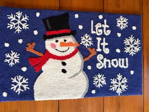 Vintage Christmas Loop Entry Rug Snowman Blue Snowflakes - Picture 1 of 7