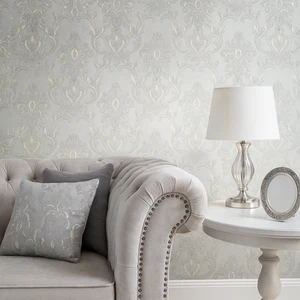 Ivory gold metallic faux plaster textured Victorian floral damask Wallpaper roll - Picture 1 of 14