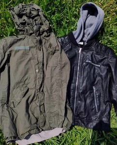 Lot 2 H&M Girls Detach Hoodies Faux Leather Biker 12-13 Army Green 10-11 - Picture 1 of 23