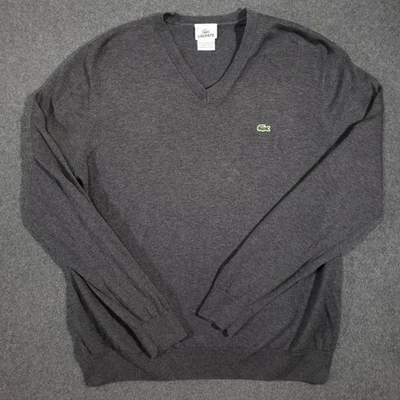 LacosteV 领毛衣男式 6 XL 灰色棉网球鳄鱼弹力针织罗纹 — 第 1/4 张图片