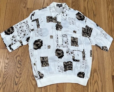 Camisa polo vintage anos 80 ALAN STUART estampa geométrica parte inferior com faixas tamanho G rayon Coreia - Imagem 1 de 4
