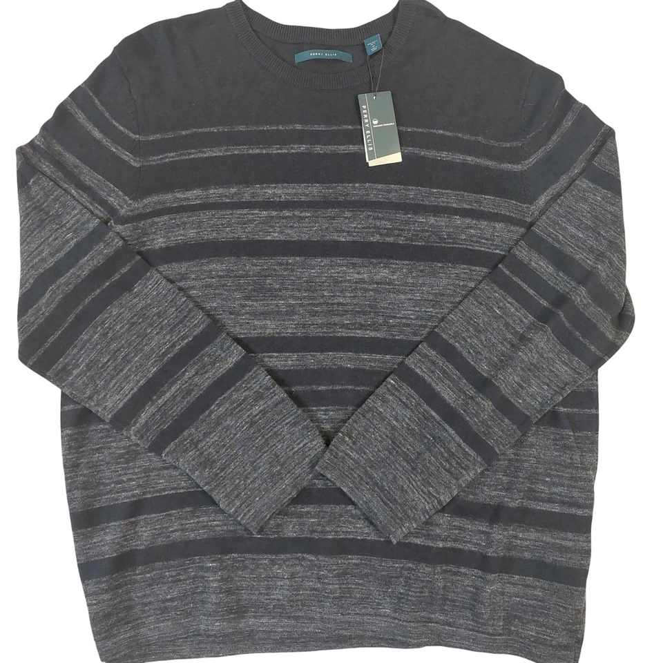 Perry Ellis Mens Sweater 2X Blue Gray Striped Crew Neck Long Sleeve Knit NWT - Image 1 of 4